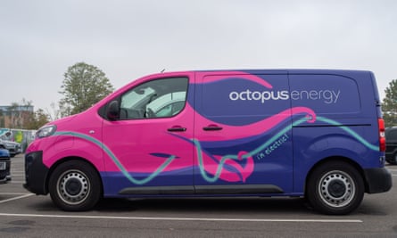 A colourfully painted pink and blue Octopus Energy van parked in a parking bay