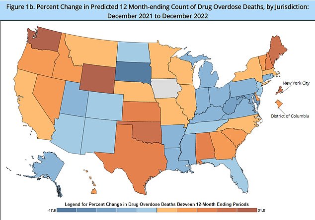 This map shows how deaths from drug overdoses have shifted by state over the latest year that data is available. Most are reporting a rise.