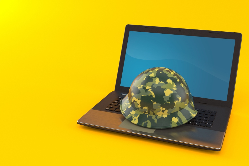 Military helmet with laptop isolated on orange background. 3d illustration