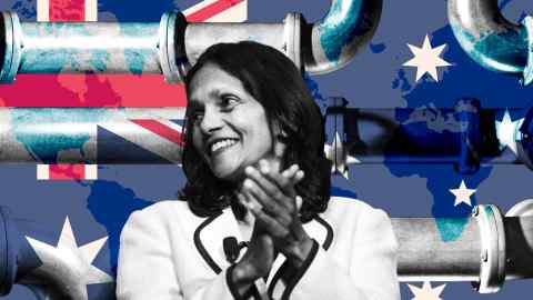 Montage image showing Shemara Wikramanayake, chief executive of Macquarie, some pipes and the Australian flag