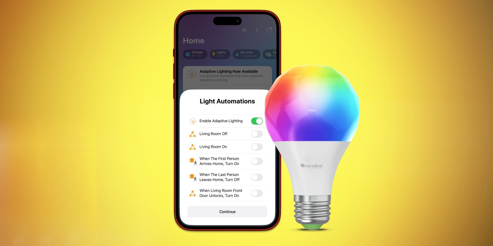 HomeKit Adaptive Lighting setup flow displayed on an iPhone with a Nanoleaf light bulb in front