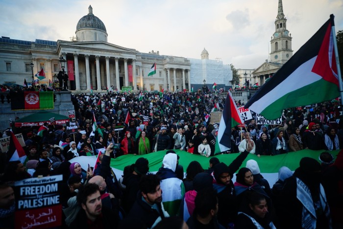 Protestors in Trafalgar Square, London, on Saturday calling for a ceasefire in Gaza