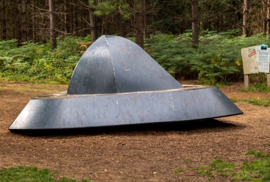 A UFO spacecraft sculpture at the supposed landing site in Rendlesham Forest