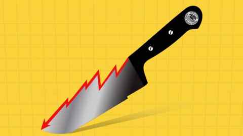 Efi Chalikopoulou illustration of an economy rate chart as half of a knife’s blade. A logo of Federal reserve is visible on the handle of the knife.