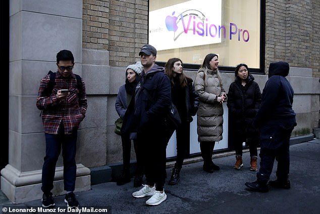 A small, but dedicated crowd of New Yorkers waited outside the SoHo Apple store for 'first come, first come' demos of Apple's new Vision Pro