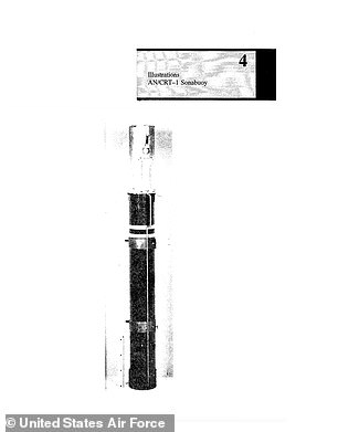 An image of the AN/CRT-1 Sonobuoy used by Dr. Crary's team, on pages 288-290 of the Air Force's 1994 Roswell report (above). It shows a metal cylinder just shy of 3 feet in length