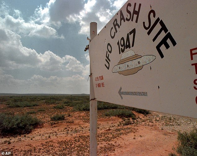 The Air Force's Mogul balloon theory has been repeated as a fact of history by many major news media outlets, including Wired and Smithsonian magazines. Above, a sign directing Roswell, New Mexico visitors to the start of a '1947 UFO Crash Site Tour' circa 1997