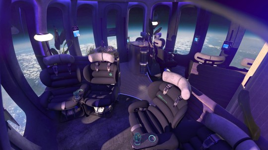 Artist impression of customisable ???Space Lounge??? interior of the capsule. See SWNS story SWMRspaceballoon. The luxury capsule set to carry passengers to the edge of space by balloon has been unveiled. On Tuesday (20 Feb), Florida-based Space Perspective showed off the finished version of their Spaceship Neptune - Excelsior test capsule. The firm plans to fly the pressurised craft using a so-called giant 'SpaceBalloon' to gently ascend to an altitude of more than 100,000ft (32km). Up to eight passengers will pay $125,000 (??100,000) per ticket for the opportunity, and will enjoy a world-class food and beverage program, comfortable seating, and amenities like custom headphones. Space Perspective said they aim to begin taking its more than 1,750 current ticket holders ??? more than any other space tourism company ??? to the edge of space in 2025, and are expected to hit 4,000 seats sold ??? $400M in bookings ??? by the end of this year.