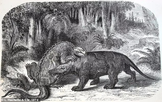 The first dinosaurs ever discovered were the megalosaurus and the iguanodon, pictured here in an 1863 illustration. Early scientists thought these animals were giant lizards, and more like scaly rhinos than how we now understand dinosaurs
