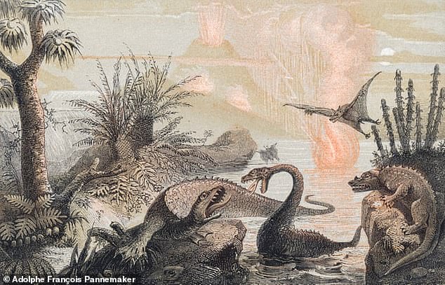 In this 1857 illustration by Adolphe François a number of dragon-like dinosaurs are fighting in the sea. In early paleoart, land-based dinosaurs are occasionally shown as being aquatic