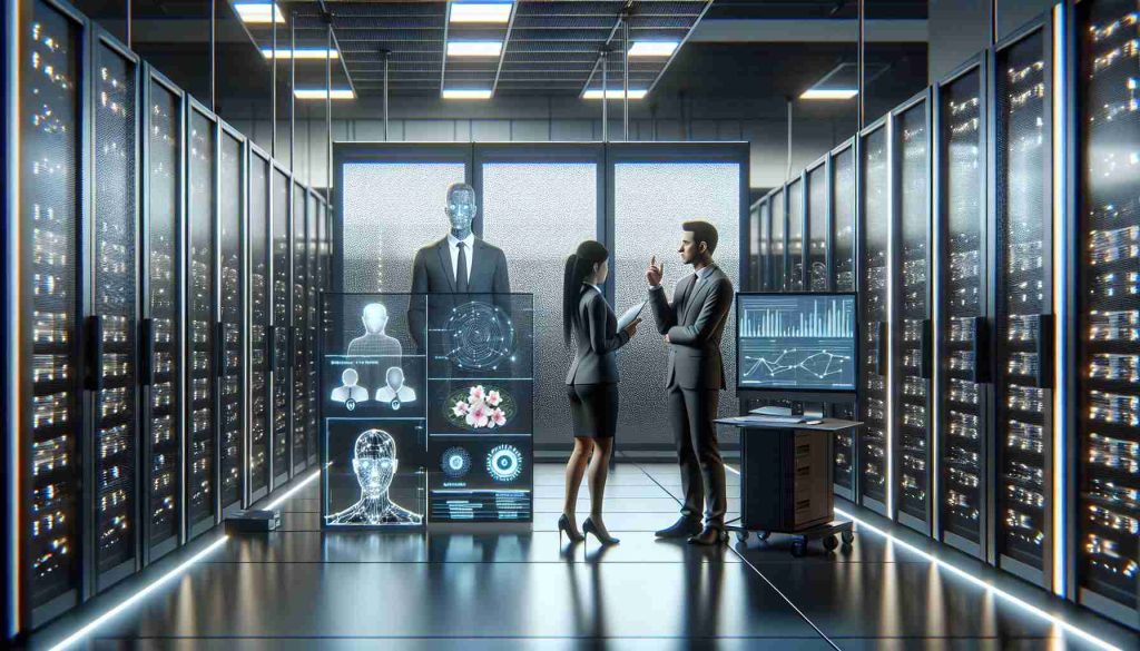 A high-definition, realistic depiction of a modern business environment where artificial intelligence and technology are clearly enhancing operations and security. The scene could include server racks emitting soft lights, indicating computational power behind AI development. A multi-ethnic male and female professional should be pictured, possibly discussing, in front of a large touchscreen displaying graphs and analytics related to their work. A surveillance system with facial recognition capabilities could also be visible in the background, symbolizing the implementation of advanced security measures.