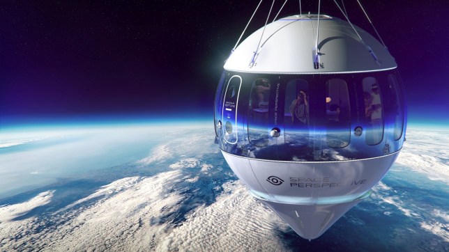 Artist's impression of Space Perspective space balloon. See SWNS story SWMRspaceballoon. The luxury capsule set to carry passengers to the edge of space by balloon has been unveiled. On Tuesday (20 Feb), Florida-based Space Perspective showed off the finished version of their Spaceship Neptune - Excelsior test capsule. The firm plans to fly the pressurised craft using a so-called giant 'SpaceBalloon' to gently ascend to an altitude of more than 100,000ft (32km). Up to eight passengers will pay $125,000 (??100,000) per ticket for the opportunity, and will enjoy a world-class food and beverage program, comfortable seating, and amenities like custom headphones. Space Perspective said they aim to begin taking its more than 1,750 current ticket holders ??? more than any other space tourism company ??? to the edge of space in 2025, and are expected to hit 4,000 seats sold ??? $400M in bookings ??? by the end of this year.