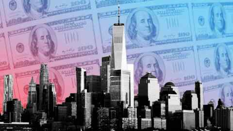 A montage of the New York financial district skyline and dollar bills in the background