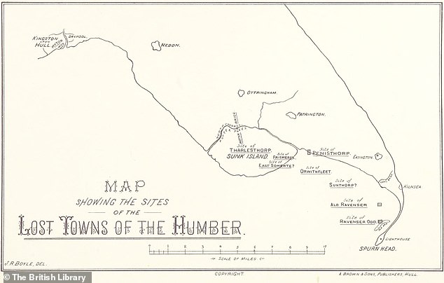 Map showing the location of former island town Ravenser Odd. It was just west of Spurn point, the very tip of the curvy peninsula that separates the North Sea and the Humber Estuary