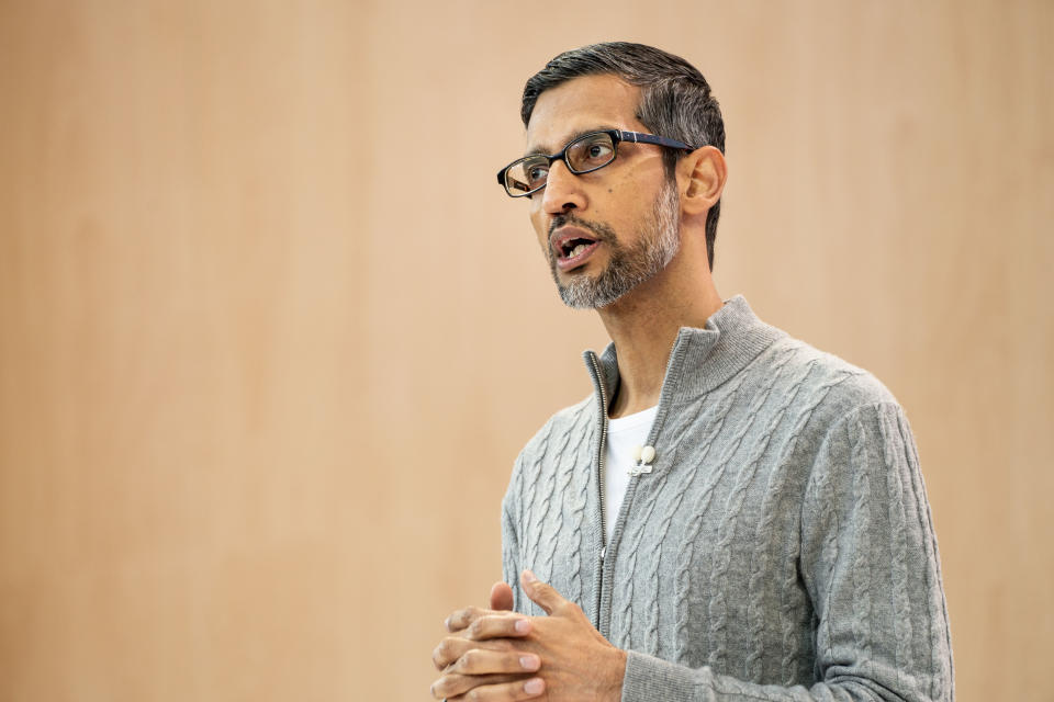 MOUNTAIN VIEW, CALIFORNIA - MAY 10, 2023: CEO Sundar Pichai speaks at the Google I/O annual developer conference at the Shoreline Amphitheater in Mountain View, California on Wednesday May 10, 2023. (Melina Mara/The Washington Post via Getty Images)
