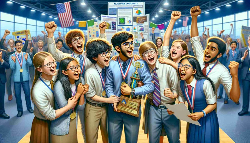 Detailed, high-definition image showcasing a group of Alachua County students rejoicing as they win at a Florida Science Fair. The diverse group consists of a few victorious students: a Caucasian boy with glasses, a young Hispanic girl holding a research paper, a South Asian boy holding a trophy, a White girl hugging her project, and a Middle-Eastern boy excitedly high-fiving his friends. The background is filled with colorful, scientific fair exhibits and a vibrant, cheering crowd.