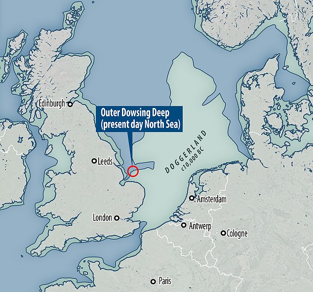 Doggerland stretched from where Britain's east coast now is to the present-day Netherlands, but rising sea levels after the last glacial maximum led to its disappearance. The Outer Dowsing Deep (pictured) was originally a river valley cutting through the rump of the Doggerland plain and is now underwater