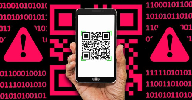 Close up of phone scanning a QR code with warning signs in the background