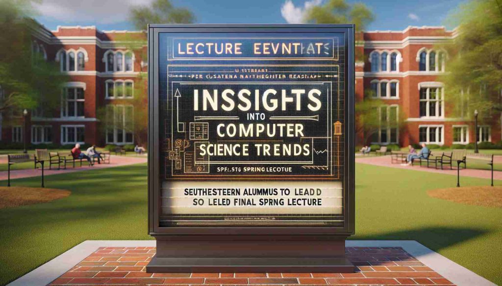 High definition, realistic image of a lecture event banner. The writing on the banner reads 'Insights into Computer Science Trends' with the subtitle 'Southeastern Alumnus to Lead Final Spring Lecture'. The environment surrounding the banner should depict a university campus setting, complete with brick buildings, green lawns and trees. The banner should be presented in the sort of glass message board commonly found on college campuses.