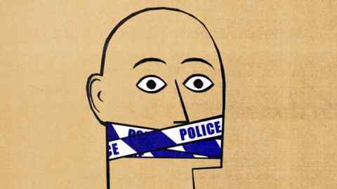Illustration of a bald man man looking surprised with police tape wrapped around his mouth