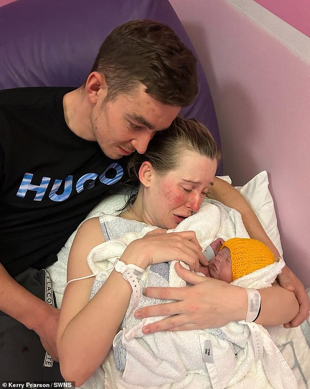 Polly was born on March 26 after an uncomplicated labour (pictured with Mum Ms Pearson and Dad Jack Deehy, 29) and was returned home the very same day. Just four days later, however, Ms Pearson, experienced chills, a headache and very rattly cough. By April 6, Polly had developed the same symptoms